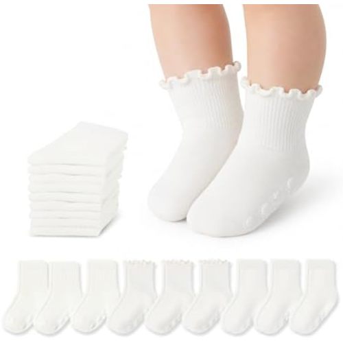 9 Pairs Baby Toddler Socks Crew Sock Ruffle Dress Non Slip Grip Cute Cotton for Infant Newborn Boys Girls White