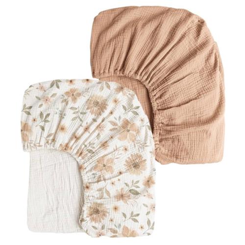 Konssy Muslin Crib Sheets 2 PCS 100% Cotton Baby Crib Sheets for Standard Crib Mattress (28" x 52"), Soft and Breathable for Boys, Girls (Toffee, Flourish)
