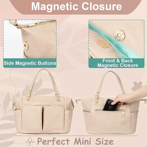 Small Leather Diaper Tote, Crossbody Bag with 13 Pockets, Insulated for Women Mom (Ivory)