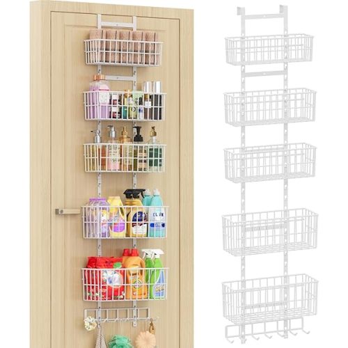 Over The Door Organizer, Hanging Door Organizer with 5 Metal Baskets, Behind The Door Storage for Pantry Closet Bedroom Bathroom Cabinet Kitchen, White