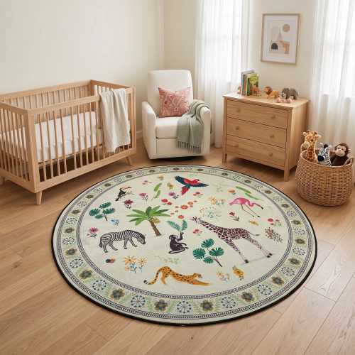 Safari Animal Round Rug for Kids Nursery Room Decor