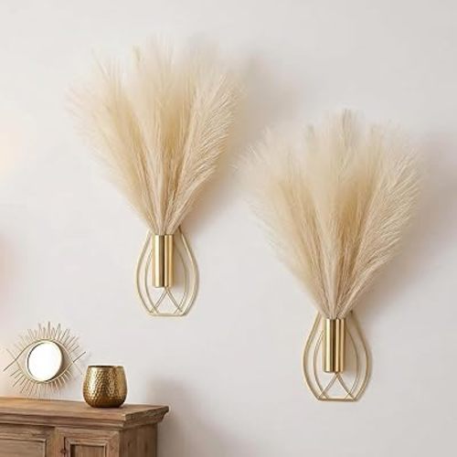 Otoolling 2 Pieces Hanging Plant Wall Decor with Artificial Pampas Grass Metal Hanging Vase Modern Geometric Farmhouse Bohemian Wall Art for Living Room Bedroom Kitchen Office(Gold, Beige)