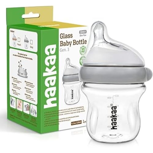 haakaa Gen.3 Glass Baby Bottle 120ml, with Anti-Colic Valve, Fast Flow, Mimic Breastfeeding, temprature Resistant (Grey)…