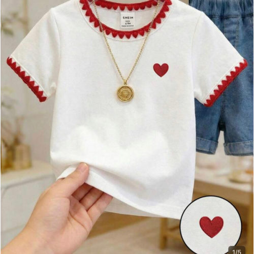 Souflis Souflis Baby Girls' Heart Pattern Round Neck Pullover T-Shirt Cute White And Red Short Sleeve Top With Floral Trim Summer Back-To-School 6M-3T | SHEIN USA