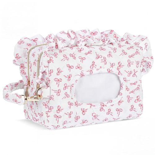 Aliceset Pink Ruffle Bow Diaper and Wipe Pouch Quilted Baby Dispenser Holder Diaper and Tissue Bag Purse Portable Travel Hanging Wet Wipes Bag Diapering Clutch for Car Stroller