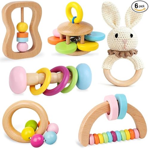 6 PCS Wooden Baby Rattle, Organic Colorful Baby Hand Rattles Set, Wood Rattles for Babies 0-6-12 Months, Wooden Teether Crochet Rattle Toy for Newborn Infant, Montessori Toys for Babies 0-6 Months