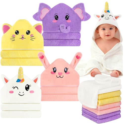OFUSUY 12 PCS Baby Bath Towels for Infants Toddlers Soft & Ultra Absorbent | 4 PCS Animal Hooded Baby Towels & 8 PCS Washcloths Set, Newborn Bath Cute Essential Gifts for Boys & Girls