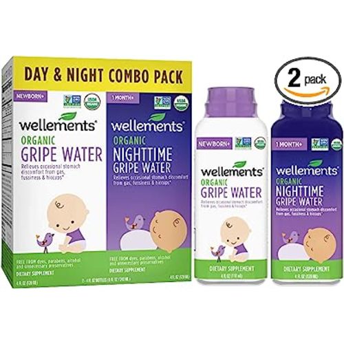 Wellements Organic Baby Gripe Water Day & Night Combo Pack | Relief for Occasional Upset Bellies from Baby Gas, Colic, Hiccups & Fussiness, Gentle*, USDA Certified Organic | Pack of 2, 4 Fl Oz