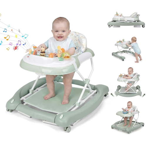 PRVAETU, 5 in 1 Baby Walker, Foldable, Music and Light, Green
