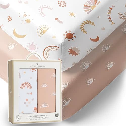 Living Textiles 100% Organic Cot Sheet Fitted 2 Pack -70x135cm, Premium Fabric for Baby's Best Comfort, Super Soft Baby for Crib Bed,Cot,Travel,Moisture Resistant (Bohemian Bliss)