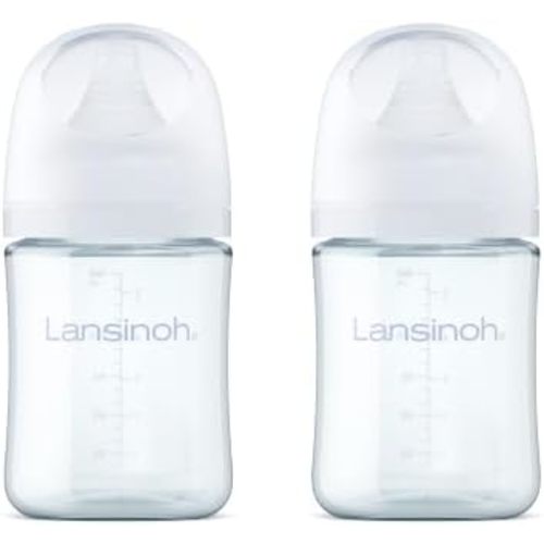 Lansinoh Glass Baby Bottles, Anti-Colic, White, 5oz, 2 Count, with Extra Slow Flow Nipples (Size XS, 0-1 Month), Baby Feeding Essentials
