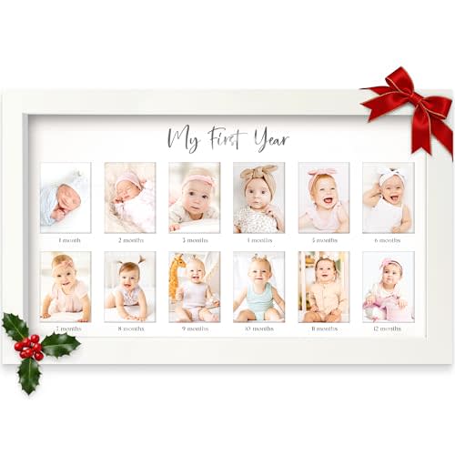 My First Year Photo Frame,12 Months Baby Picture Frame for Newborn Girl,Boy-Baby Shower Gifts Keepsakes,Monthly Baby's One Year Birthday Milestone,1st Nursery Photo Collage Display Board(Alpine White)