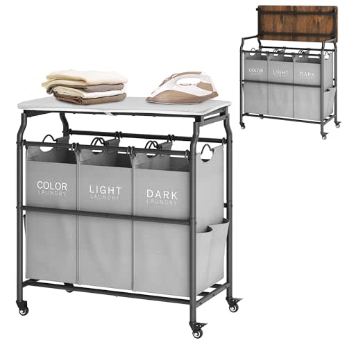 Hoctieon 3 Section Laundry Sorter Cart with Ironing Board, Laundry Hamper with Shelf and Rolling Wheels, Heavy Duty Laundry Basket Organizer, Large Clothes Separator Hamper with Removable Bags, Gray
