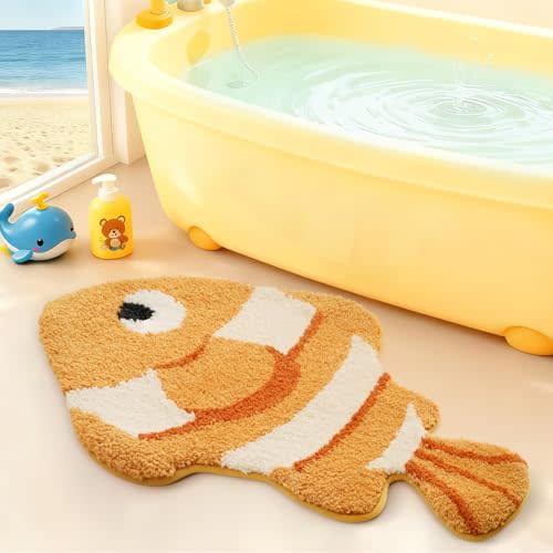 LUMI Cute Animal Bathroom Rugs, Plush Absorbent Bath Mats for Bathroom, Non-Slip Backing Washable Bath Mat, Ideal for Shower Sink Bathtub Room Decor, 24"x41", Clownfish
