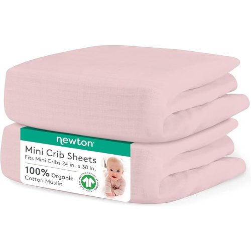 Newton Baby Fitted Mini Crib Sheets (2-Pack) | Organic Muslin Cotton, Breathable & Soft Baby Sheets, Washable Baby Mattress Sheets, Fits Mini Crib Mattresses 24" x 38", Sunrise Pink