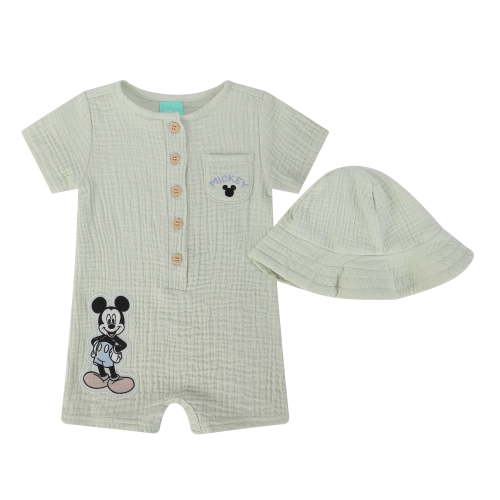 Disney Clothes Baby Boys Woven Gauze Romper with Hat – Mickey Mouse Soft Cotton Newborn Infant Outfit Green 0/3M