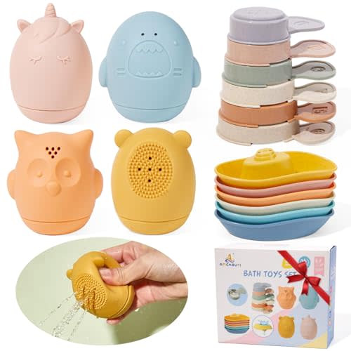 Baby Bath Toys for Kids Ages 1-3,16 Pack Toddlers Bath Toy for 2-4 Mold Free Stackable Boats & Spoons, Easy-Clean & Squeezable Silicone Bath Toys for Babies 6-12 Months Bathtub Water Pool Toys