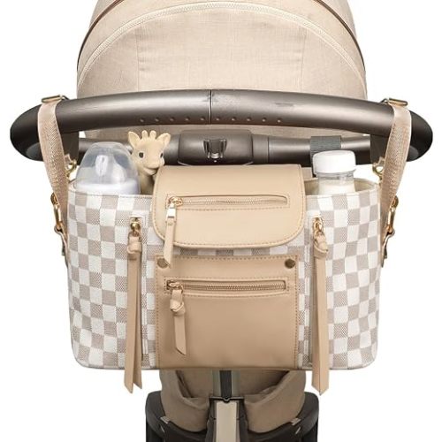 miss fong Checkered Stroller Caddy with Insulated Cup Holder Universal Stroller Organizer Bag Baby Storage Bag with Adjustable Strap, Fits for Baby Carriage like Uppababy, Baby Jogger, Umbrella