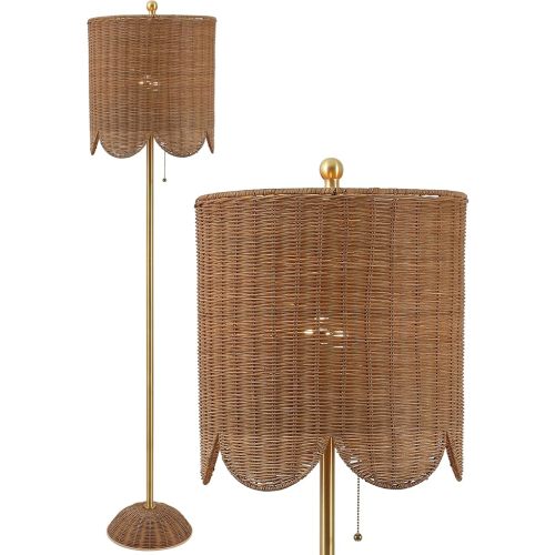 JONATHAN Y 63.5" Brown/Brass Gold LED Floor Lamp for Living Room Bedroom with Scalloped Rattan Shade, Coastal Bohemian Tall Standing Light, Pull Chain, LED Bulb Included JYL1153A