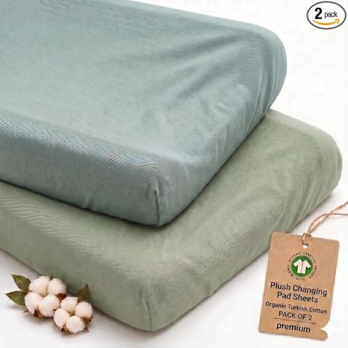 2-Pack Thick Organic Changing Pad Covers Boy, Girl - GOTS 100% Certified Organic Turkish Cotton Changing Table Pad Cover, Baby Nursery Diaper Changing Pad Sheets,Table Contour Pads Cover Green