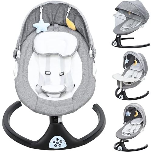 Electric Baby Swing for Infants, Baby Swings for Infants with Bluetooth, Remote Control and 5-Point Harness, 5 Speeds Swings, Adjustable Backrest and Soft Music