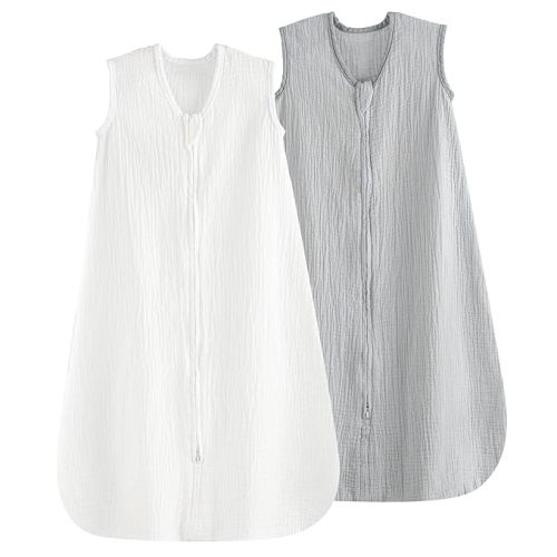 PHF 100% Muslin Cotton Baby Sleep Sacks, 0-6 Months Sleep Sack with 2-Way Zipper, 2 Pack Cooling Unisex 0.5 TOG Breathable Small Size Sleeveless Baby Wearable Blanket, White & Grey