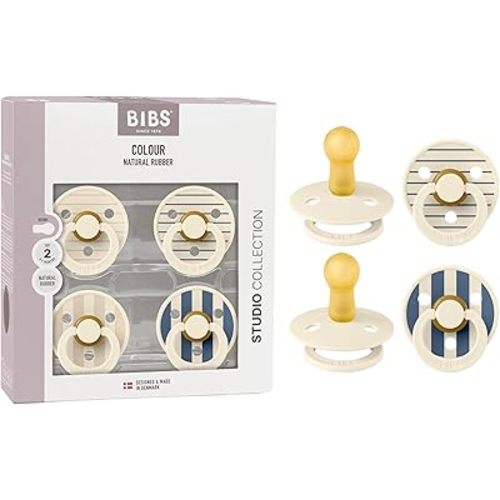BIBS Studio Pacifier 4-Pack, BPA Free Pacifiers, Round Nipple. Natural Rubber Latex, Made in Denmark, Size 2 (6-18 Months), Ivory