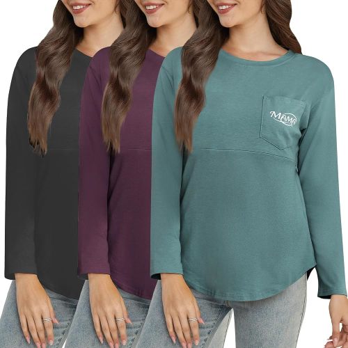 Women's Nursing Tops Long Sleeve 3 Pack Pregnancy Breastfeeding Shirts with Hidden Zipper Maternity Tees with Pocket