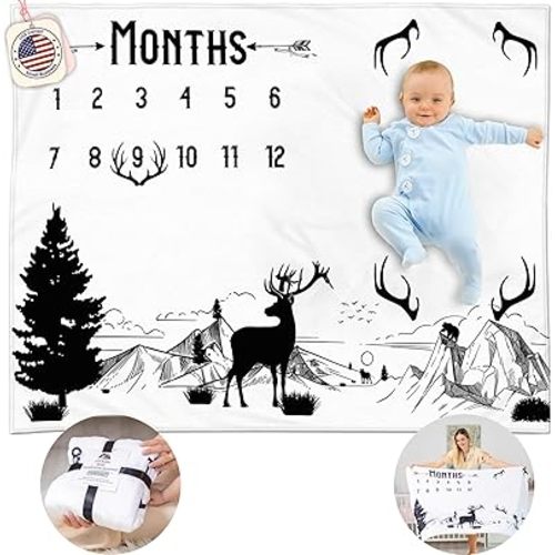Baby Boy Milestone Blanket – 50x40, Soft Fleece, Woodlands Deer & Mountain Theme, Black & White Rustic Design, Includes Felt Frame, Monthly Growth Photos, Newborn Gift & Baby Shower