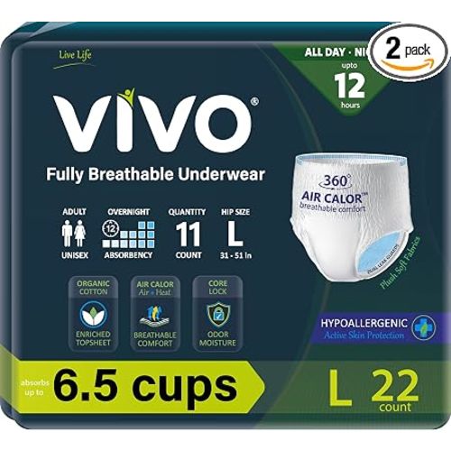 VIVO Organic Cotton Sensitive Skin Overnight Adult Incontinence Pullup Underwear, Women & Men, Large 22 Count