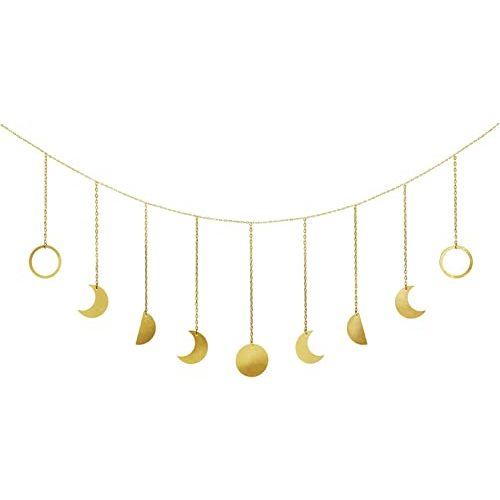 Mkono Moon Phase Wall Hanging Boho Aesthetic Room Decor Metal Moons Garland Hanging Art Bohemian Home Decoration for Girls Room Nursery Bedroom Livingroom Dorm, Ideal, Gold, 50"