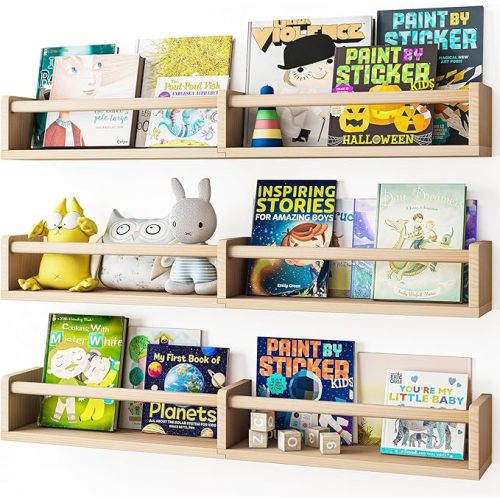 Fixwal Nursery Bookshelves, 32in Floating Bookshelves for Wall Set of 3, Wood Wall Mounted Floating Shelves for Baby Nursery Decor and Toys Storage (Natural Wood)