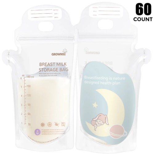 Grownsy 60 Ct Breastmilk Freezer Storage Bags, Leak Proof, Baby Safe, Temp-Sensing Discoloration