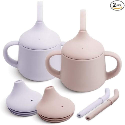 Moonkie Silicone Baby Sippy Cups | 3 Stages Training Cup Straw Cup for Infants Toddlers and Kid | 4 oz 2Pack