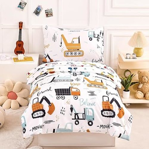 PERFEMET 4 Piece Toddler Bedding Set for Boys Car Printed Toddler Comforter Set with Sheets Reversible Cartoon Tractors Kids Bed in A Bag for Baby Bedroom (White, Car)