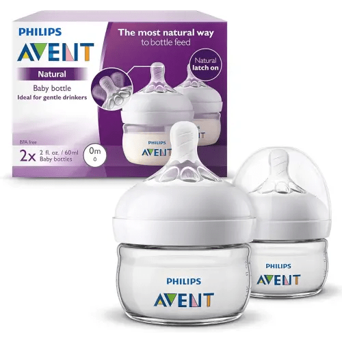 Philips Avent Natural Baby Bottles, with First Flow Nipple, 2OZ/60ML, 2 Pack, SCF019/25