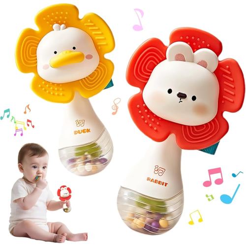 weirtoya 2 PCS Baby Rattles Teething Toys 3-6 Month, Baby Toys for 0-6 Months Infant Toy Sensory Toys with Beads Grasping Shaker, Newborn Must Haves Montessori Toys Babies Gifts