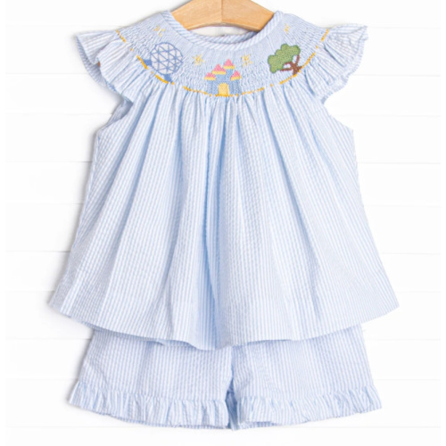 Amusement Park Adventures Smocked Ruffle Short Set, Blue Seersucker – (18m)