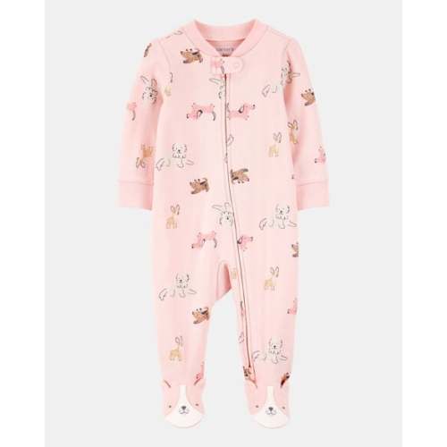 Baby Girl Dog Print 2-Way Zip Cotton Sleep & Play Pajamas - Pink | 6mos