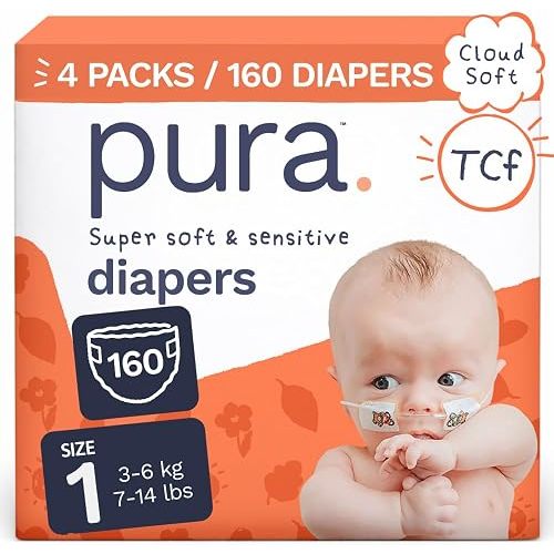 Pura Baby Diapers Size 1-160 Count, 7-14lbs, 12hr Leak Protection, Gentle Newborn Diapers, Hypoallergenic & Sensitive Baby Skin, Toxin-Free*, Blowout Blocker™, Wetness Indicator