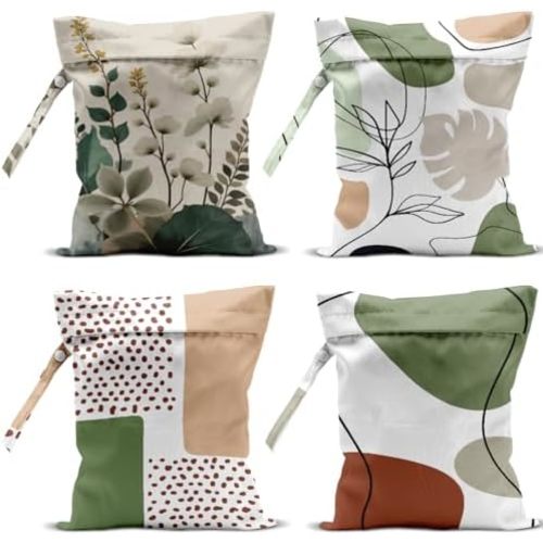 4 Pack Boho Green Abstract Botanical Wet Bag Waterproof Washable Reusable Wet Dry Bag for Swimsuit Dirty Clothes Diaper Travel Beach Pool Gym Birthday Toiletries Beach Essentials，Modern Nordic Style