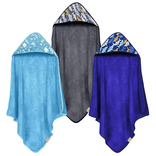 CORAL DOCK 3 Pack Baby Hooded Bath Towel Sets, Ultra Absorbent Baby Essentials Item for Newborn Boy Girl, Baby Bath Shower Towel Gifts for Infant and Toddler - Shark World