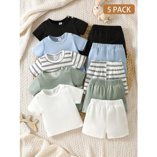 SHEIN 5pcs/Set Newborn Baby Cute Outfit, Short T-Shirt + Pants, Summer