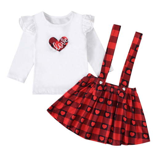 Odeerbi Girls Dress Baby Girls Clothes Toddler Kids 2025 Fashion Cute Long Sleeve Sweet Heart Letter Print Ruffles Strap Skirt Suit Red