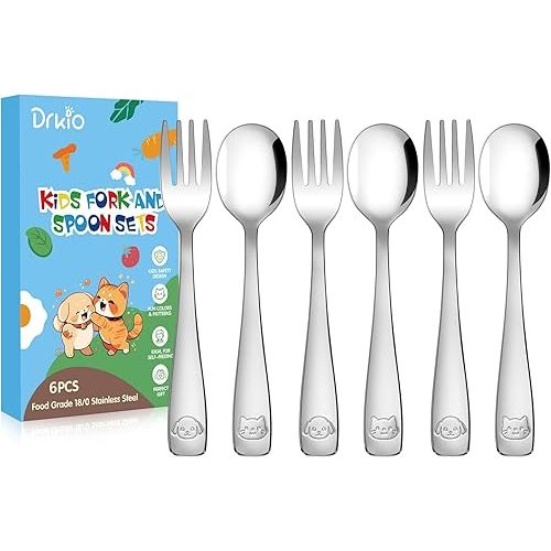 DRKIO Stainless Steel Toddler Utensils Set - 6 Pieces Kids Silverware Set Children Safe Food Grade Small Forks and Spoons Dishwasher Safe Mirror Polished