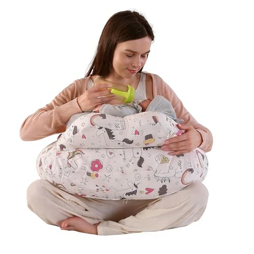 Nursing Pillow for Breastfeeding with Security Fence | Wider Feeding Pillows, Removable Washable Cotton Cover, Adjustable Waist Strap, Enhanced Support for Mom and Baby