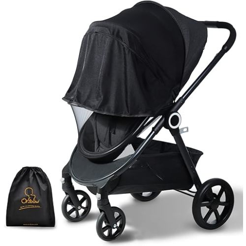 Orzbow Baby Mosquito Net with Sun Shade UPF50+ for Stroller, Universal Stroller Mosquito Netting Privacy Cover with Two-Way Zipper and Storage Bag for Car Seats, Bassinets, Cradles, Mini Cribs, Black