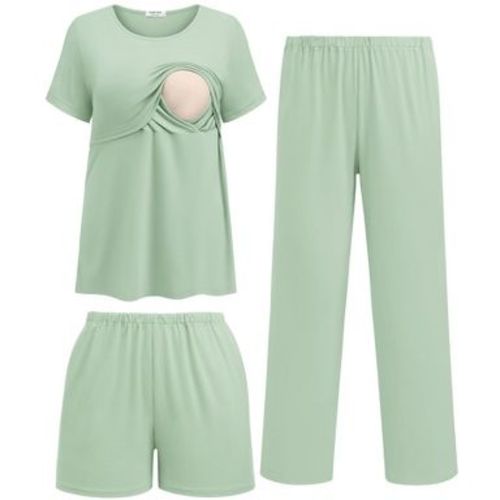 Ekouaer 3 Piece Postpartum Nursing Pajamas Set Short Sleeve Breastfeeding Shirts Pregnancy Shorts & Pants Maternity Pjs Light Green XL