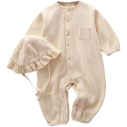 Infant Girls Boys Linen Cotton Romper Button-Down Baby Girl Summer Clothes with Ruffled Bonnet Hat Unisex Photoshoot Outfits