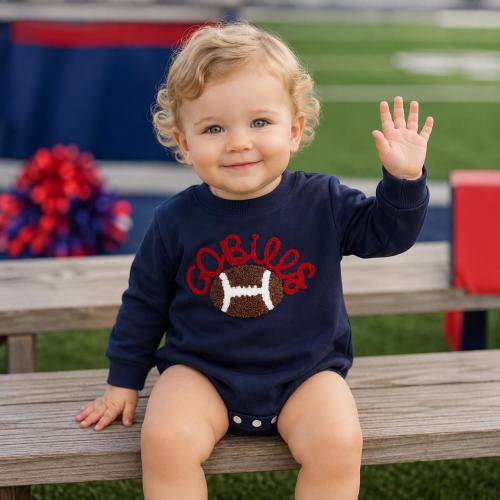 Go Bills Baby Football Sweatshirt Romper for Toddler Game Day Tailgate Outfit with Embroided Football Patch Infant Sunday Football Bodysuit